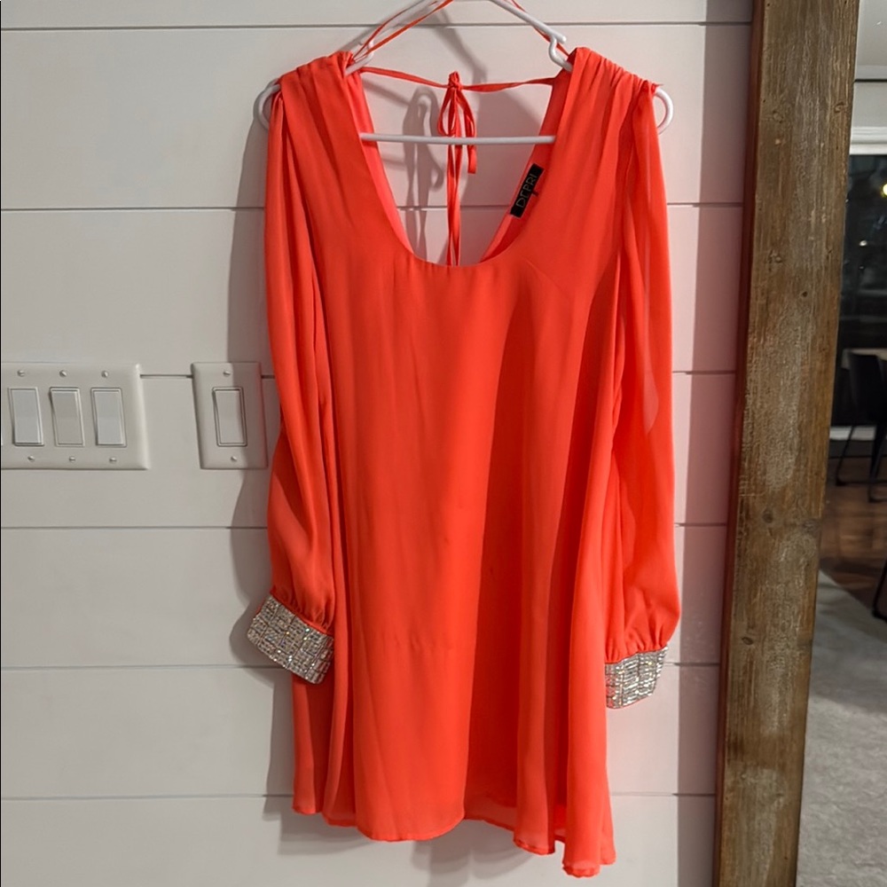 Vibrant Orange Long Sleeve Dress with Embellished Cuffs